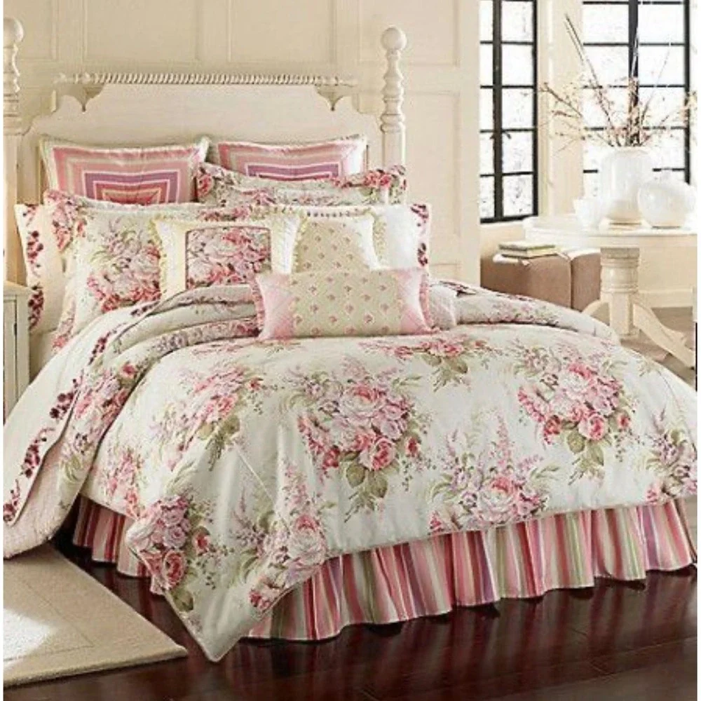 J. Queen New York Rosemoor Waterfall Swag Valance Set of 2 Floral Pink 49x33